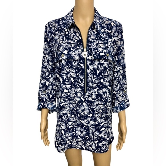 MICHAEL Michael Kors Tops - MICHAEL KORS Long Roll-tab Sleeve Floral Blue Hibiscus Tunic Top Blouse Size L
